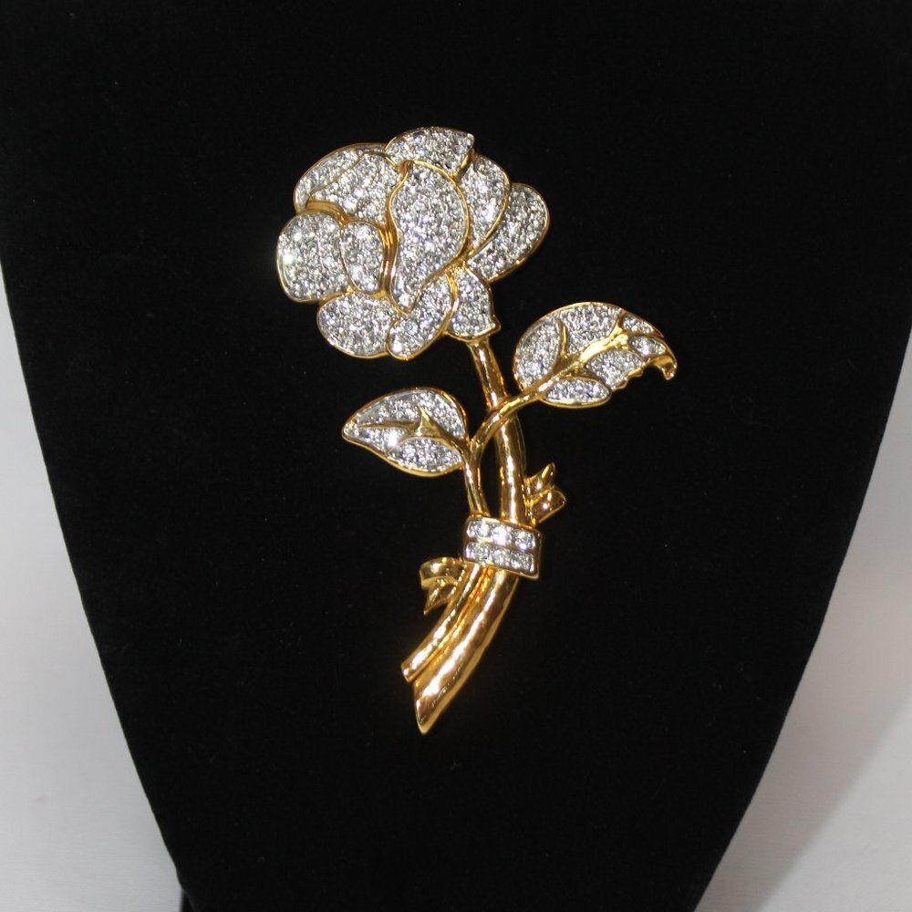 Vintage Oversized Gilded Crystal Pavé Rose Brooch by Nolan Miller, 1990s